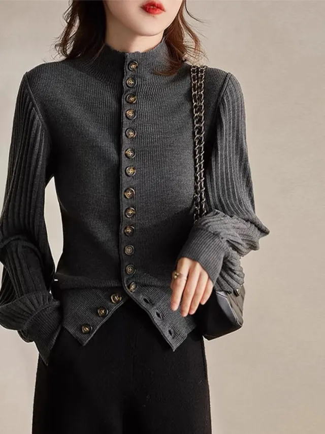 Retro Elegance Patchwork Stand up Collar Knitted Cardigan Tan - Shop at LoveMi