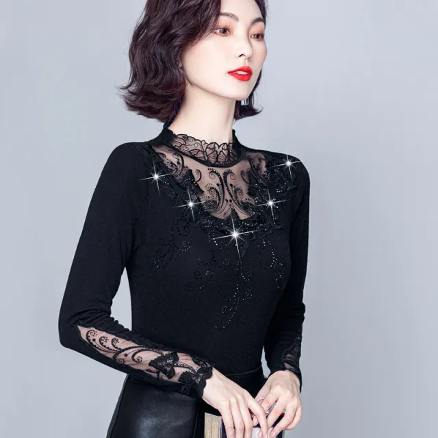 Autumn Autumn And Winter New Fashion Half Turtleneck Lace Rhinestone Bottoming Shirt Slim Fit Black - Shop at LoveMi