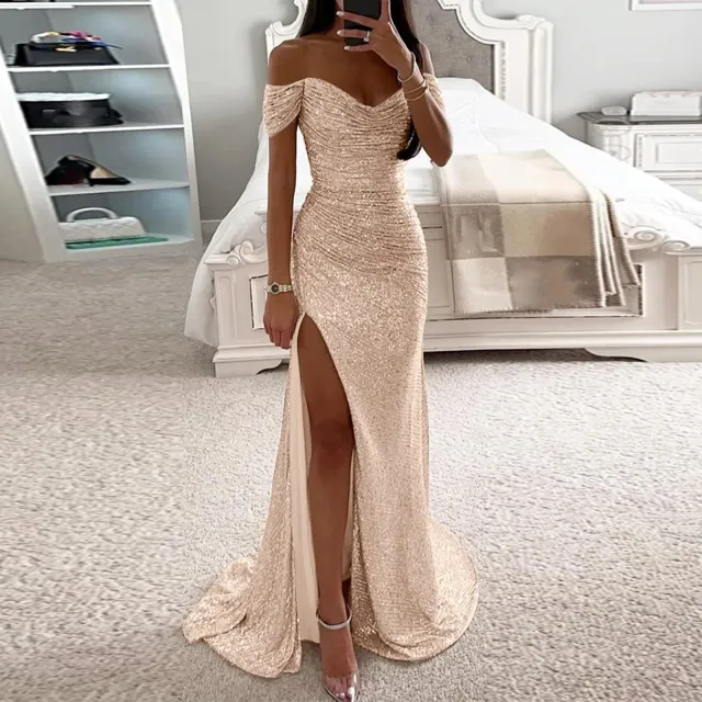 Female Creative Solid Color Sparkling Slit Dress Rose Gold - Shop at LoveMi