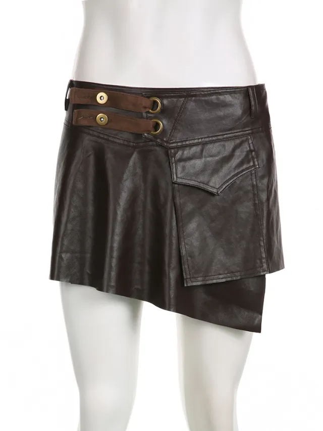 Retro Pocket Stitching A Line Style Irregular With Personality Skirt Brown - Shop at LoveMi