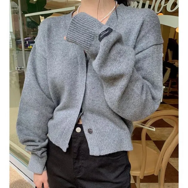 Loose Leisure All matching Long sleeved Knitted Cardigan Jacket Gray - Shop at LoveMi