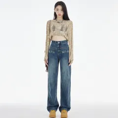 Women's Straight Jeans Dark Blue Embroidered Letters - Retro Blue Cropped - View 1