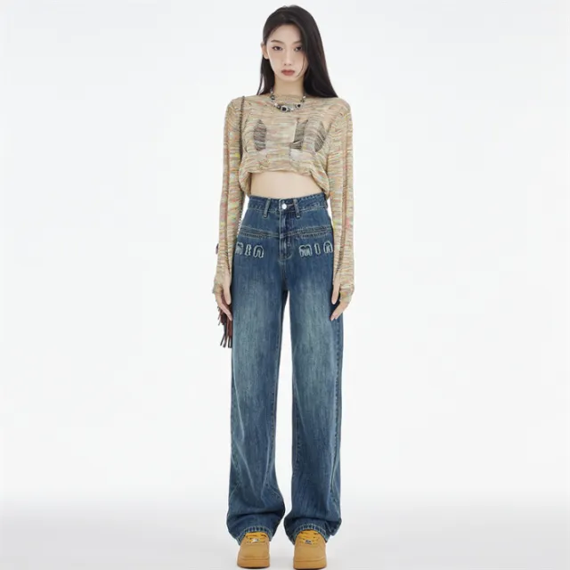 Women's Straight Jeans Dark Blue Embroidered Letters Retro Blue Cropped - Shop at LoveMi