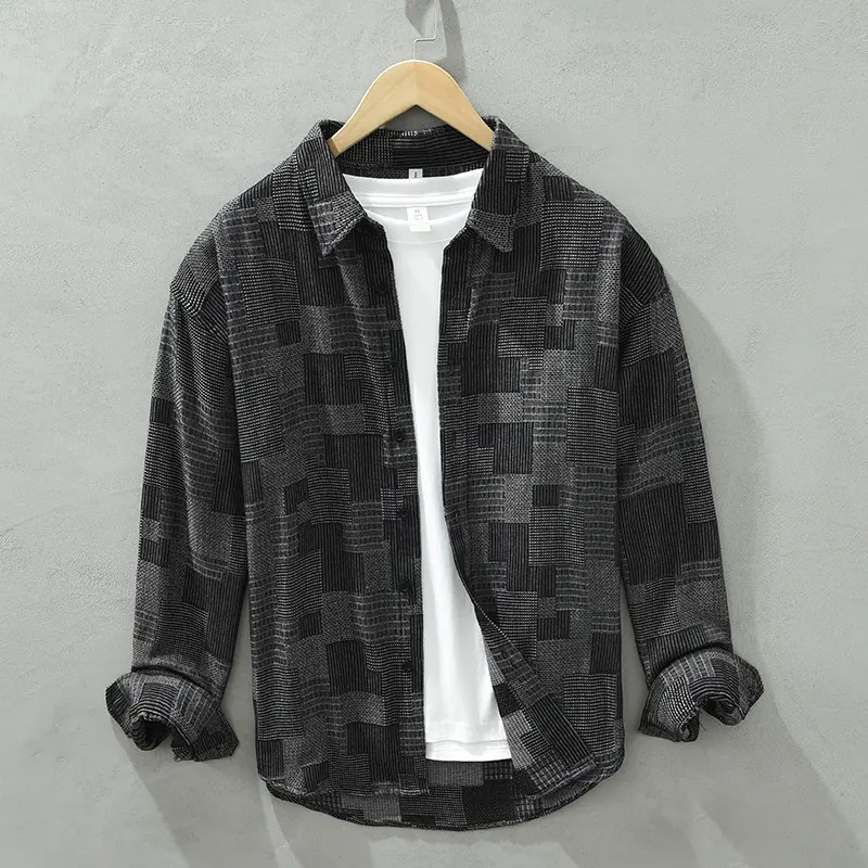 Jacquard Color Matching Casual Denim Long-sleeved Shirt Men's Loose