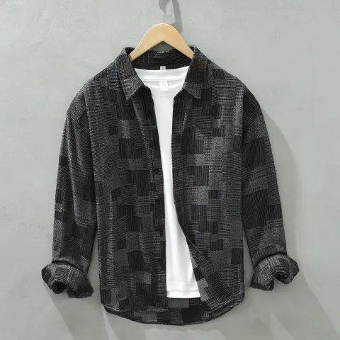 Jacquard Color Matching Casual Denim Long-sleeved Shirt Men's Loose
