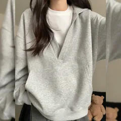 Grey Hooded Sweater For Women Fleece-lined Thick Loose Casual Sweatshirt - Grey - View 1