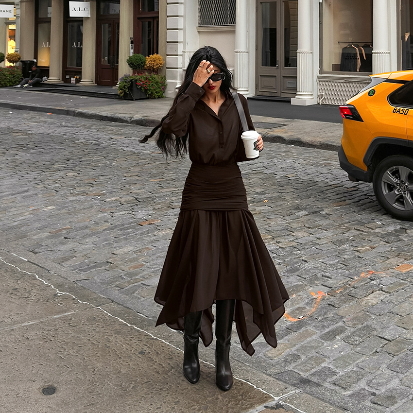 Irregular Chiffon A Line Skirt Two piece Set For Women Dark Brown - Shop at LoveMi