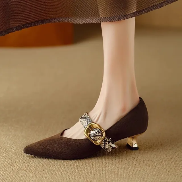 French Pointed High Heels Women's Stiletto Low cut Shoes Elegant Buckle Regen Shoes Brown - Shop at LoveMi