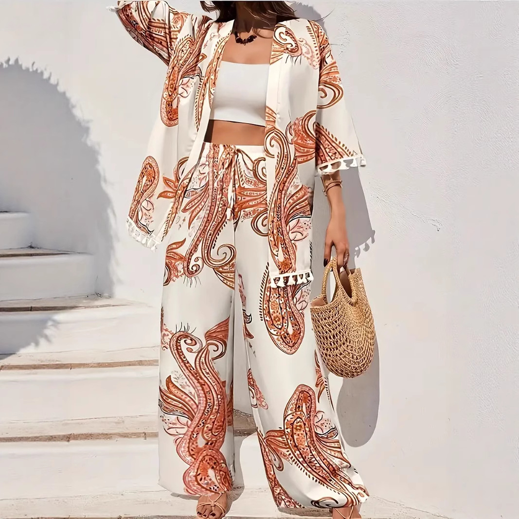 Women's Loose-fit Printed Outfit Cardigan With Fringed Hem And Wide-leg Pants Set - Image 2