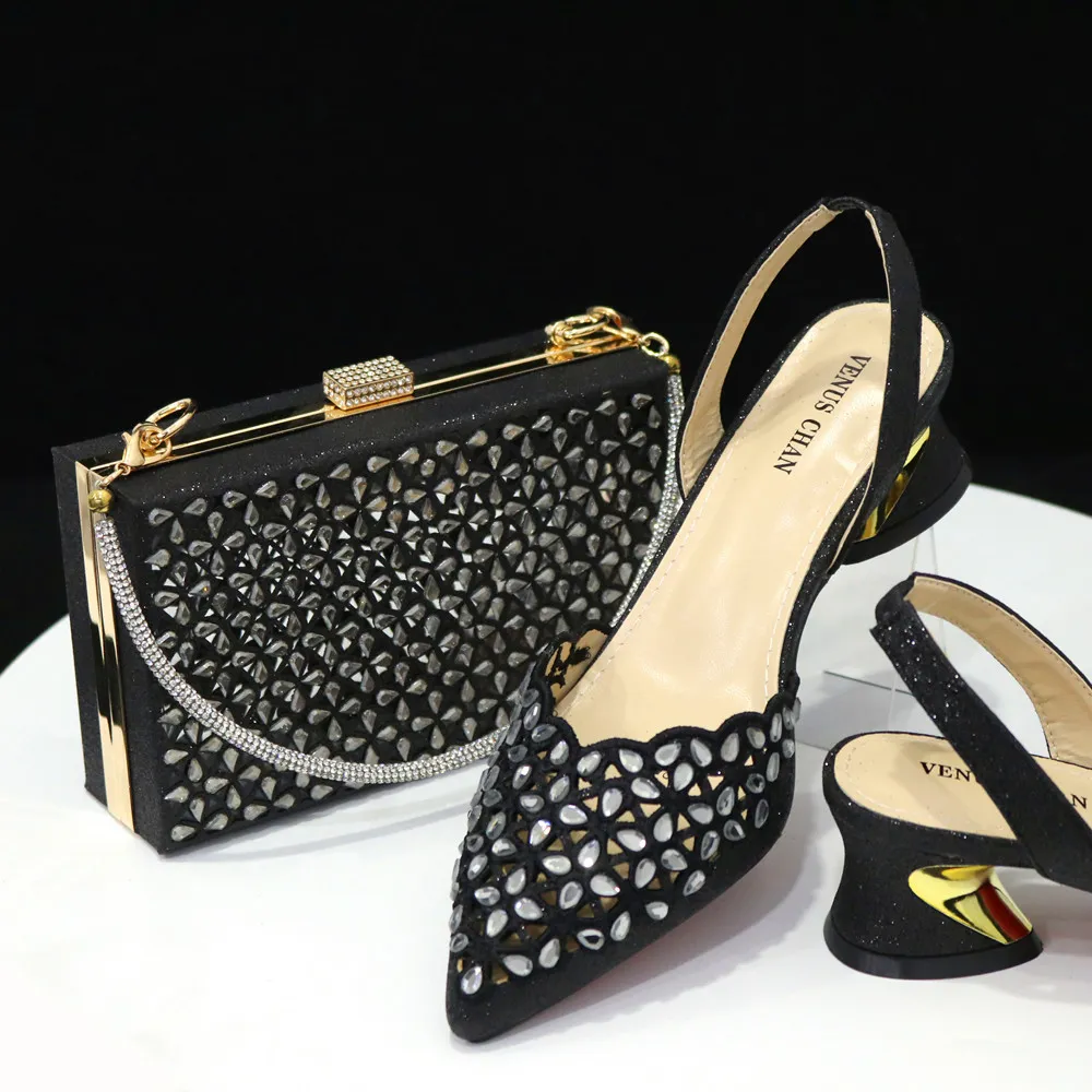 Party Pointed Toe Women's Shoes Back Empty Elastic Band Diamond Face Square Crystal Bag - Black