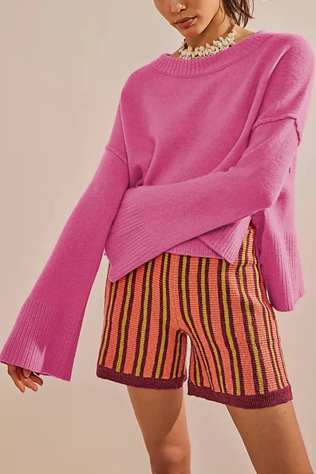 Solid Color Round neck Flared Sleeves Pullover Sweater Fashion Sweater Rose Red - Shop at LoveMi