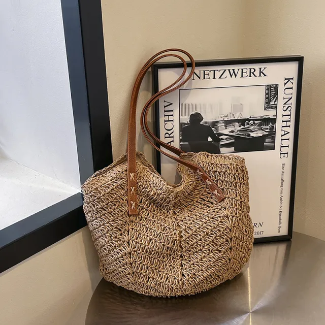 Straw Bag Holiday Shoulder Bag Fashion Woven Tote Bag Khaki - Shop at LoveMi