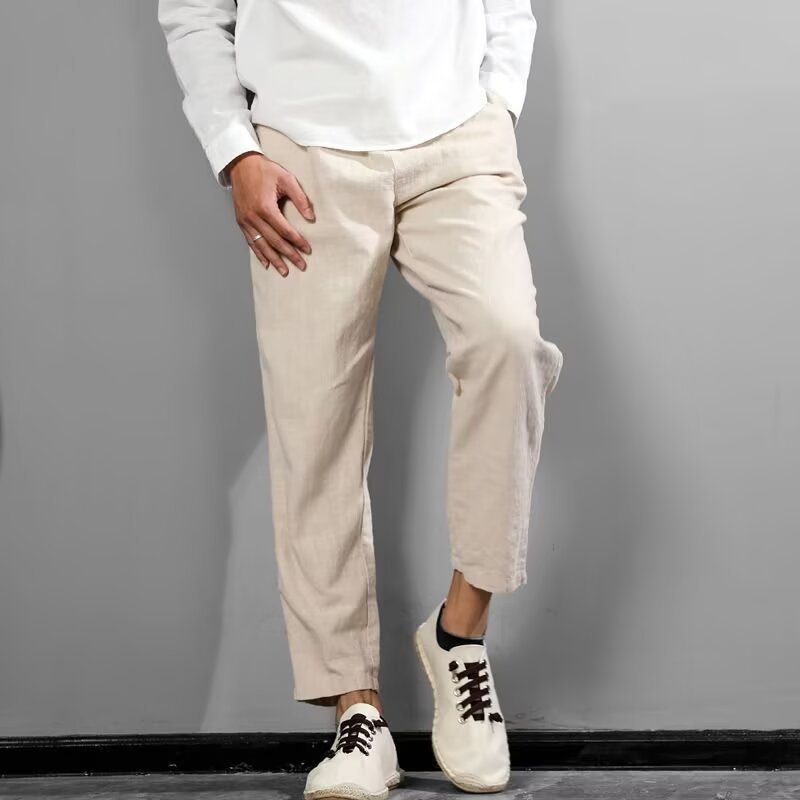 Mens Linen-Cotton Casual All-Match Solid-Color Pants