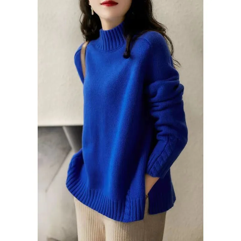 French Style Half Turtleneck Chic All-matching Youthful-looking Long Sleeve Knitted Sweater Women's Autumn - Sapphire Blue