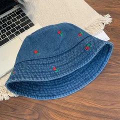 Cherry Embroidery Jean Fisherman Hat Women's Summer - Dark Blue - View 1