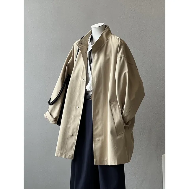 Japanese Style Workwear Style Stand Collar Trench Coat For Women Khaki - Shop at LoveMi
