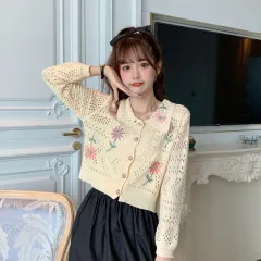 Thorn Hollow Embroidered Flower Lapel Single Breasted Long Sleeve - Apricot - View 1