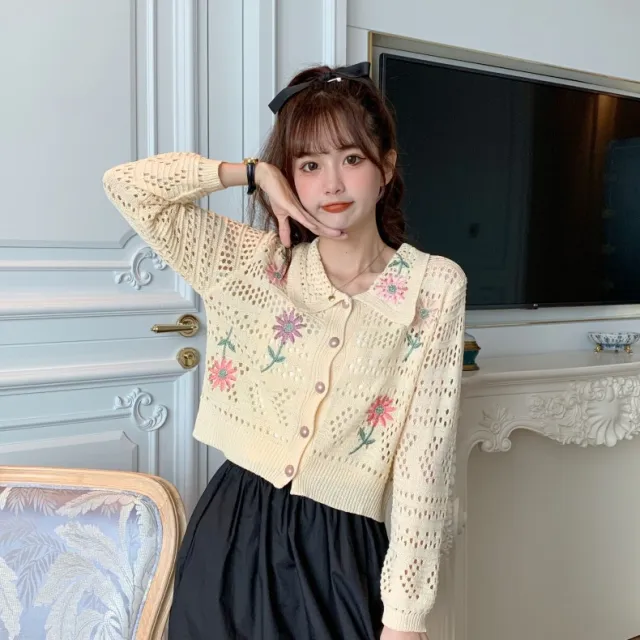 Thorn Hollow Embroidered Flower Lapel Single Breasted Long Sleeve Apricot - Shop at LoveMi
