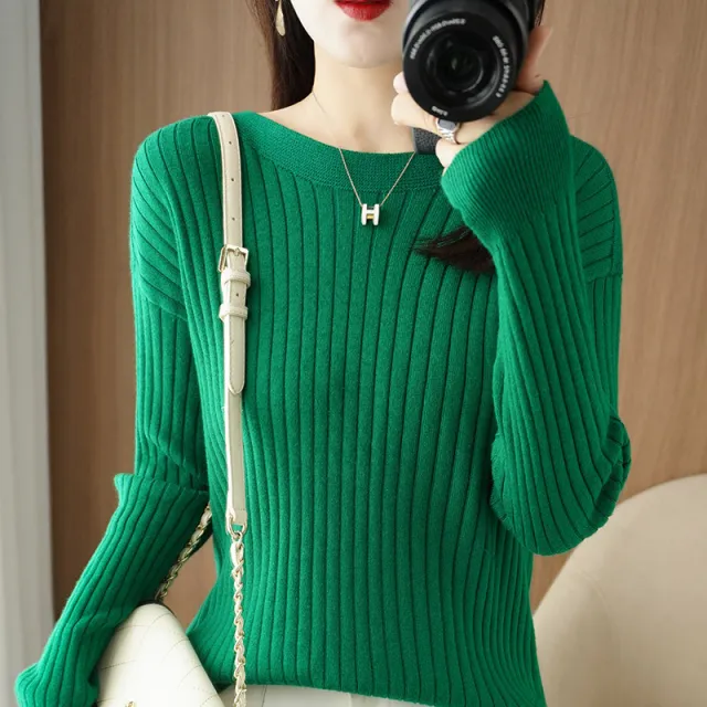 Women's Off neck Knitted Bottoming Shirt Autumn And Winter New Emerald M - Shop at LoveMi