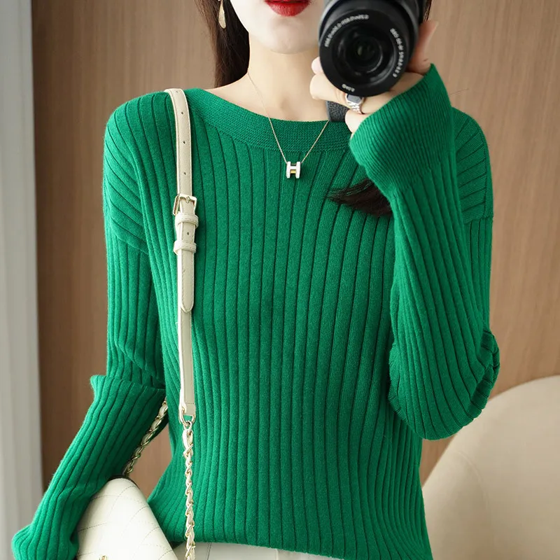 Women's Off-neck Knitted Bottoming Shirt Autumn And Winter New - Emerald-M