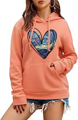Women's Pattern Hoodie Heart Shape Printed Drawstring Pullover Top Orange Heart Shape - Shop at LoveMi