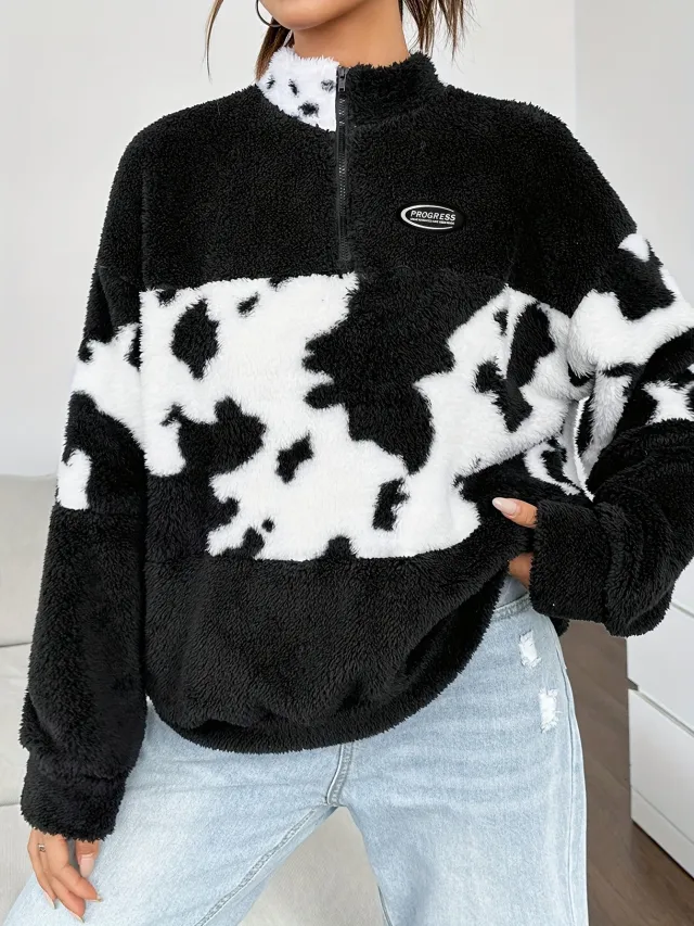 Women's Contrast Color Loose Fleece Sweatshirt Black - Shop at LoveMi