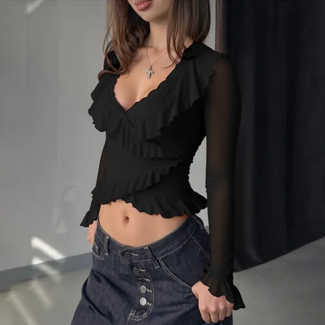 V neck Ruffled Slim fit Flared Long sleeve Top Black - Shop at LoveMi