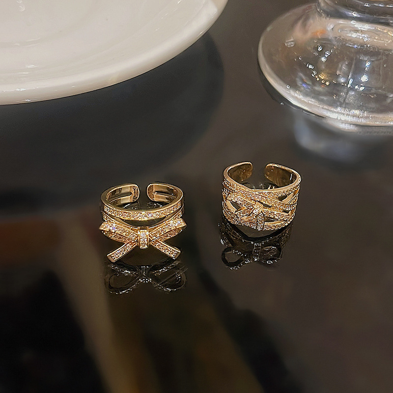 Micro Inlaid Zircon Bow Ring Female Personalized Minority Geometric