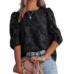 Women's Puff Sleeve Chiffon Loose Top Flower Texture Shirt - Black - View 1