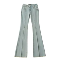 Net Red Blogger Niche Design Low Waist Skinny Denim Washed Frayed Hem Slim Wide Leg Trousers - Retro Blue - View 1