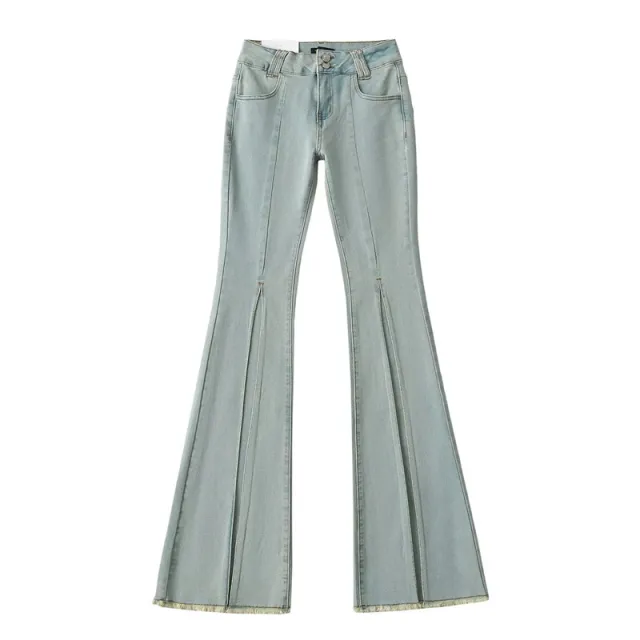 Net Red Blogger Niche Design Low Waist Skinny Denim Washed Frayed Hem Slim Wide Leg Trousers Retro Blue - Shop at LoveMi