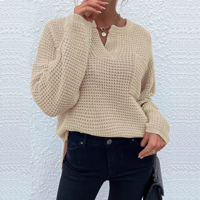Women's Top Knitted Pullover Long Sleeve V neck Pocket Solid Color Sweater Beige - Shop at LoveMi