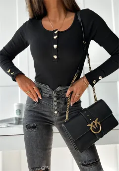Western-style Long-sleeve U-neck T-shirt With Buttons - Black - View 1