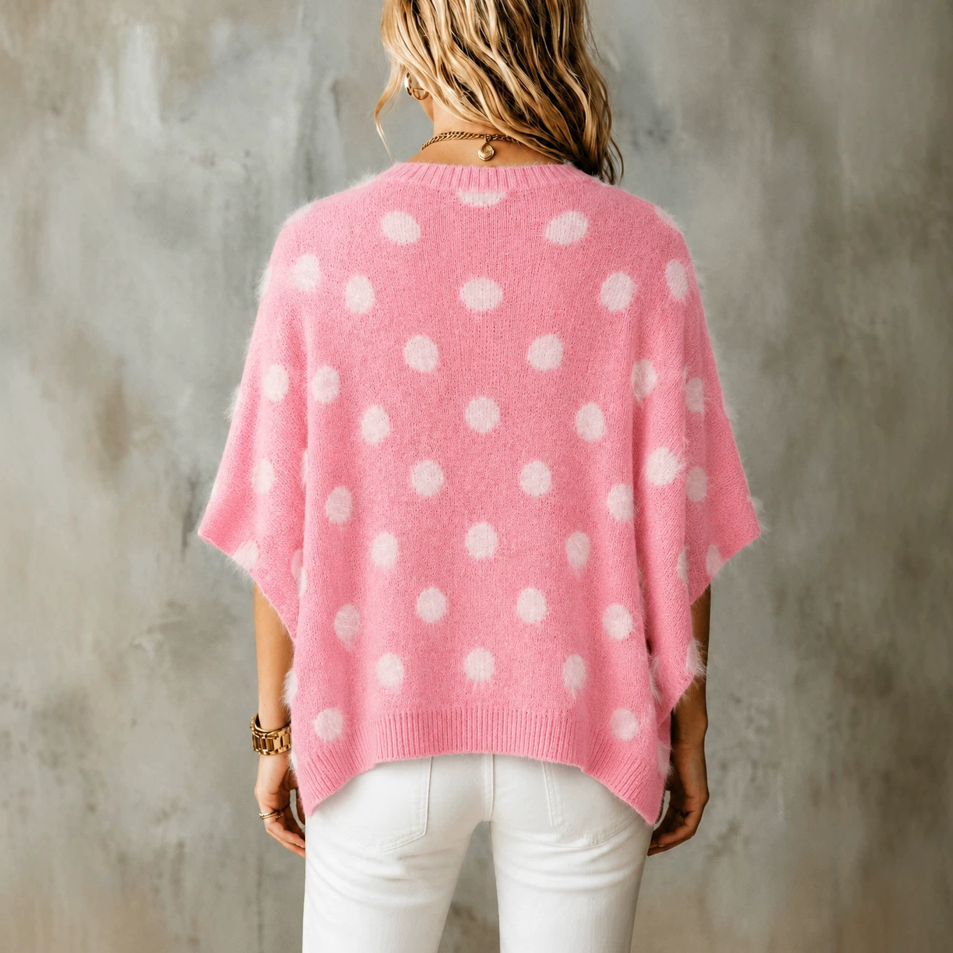 Polka-dot V-neck Knitted Batwing-sleeve Asymmetrical Top 0f1dab75 66fe 482a B843 3ec7a24ecd56