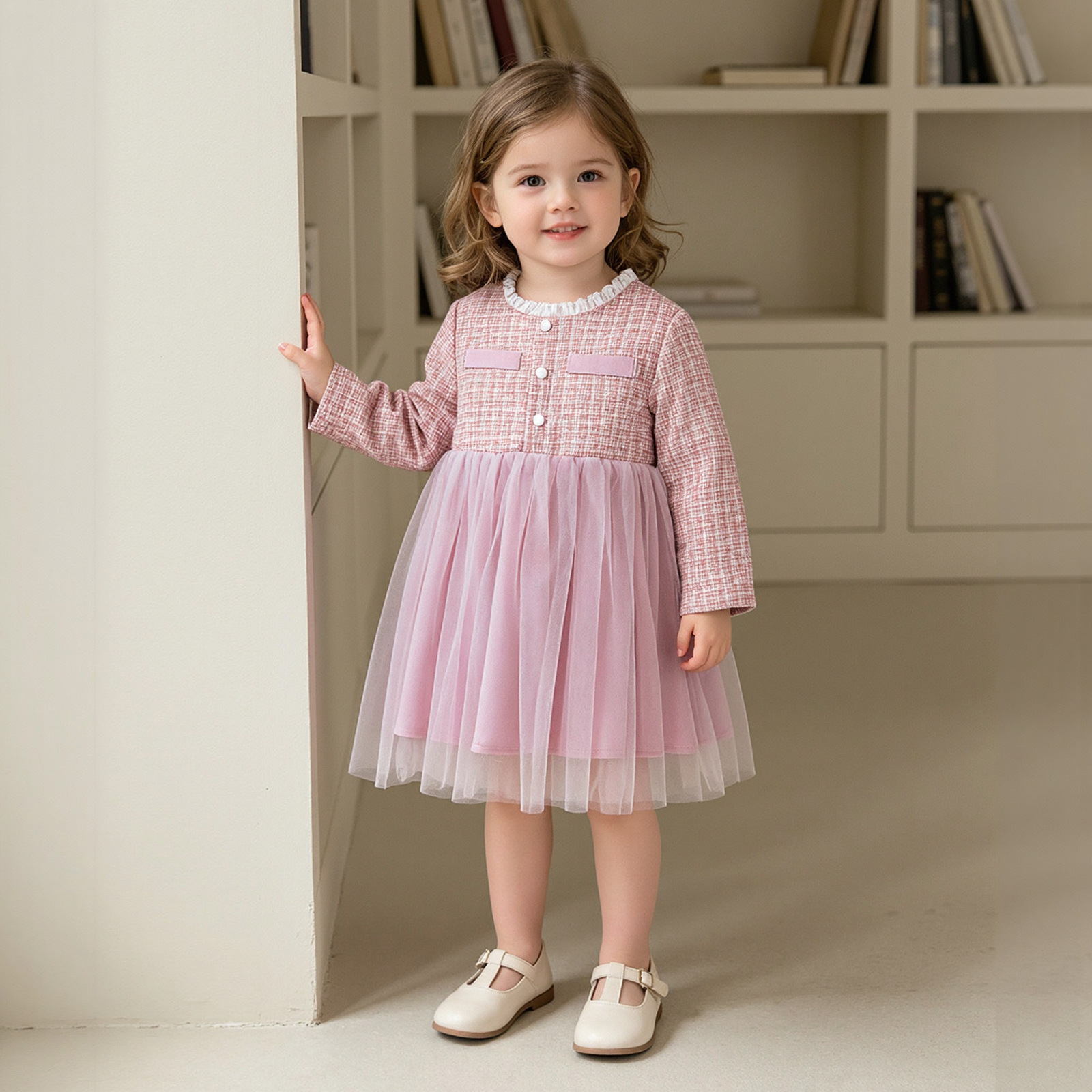 New Autumnwinter Lace-neck Mesh Dress For Girls