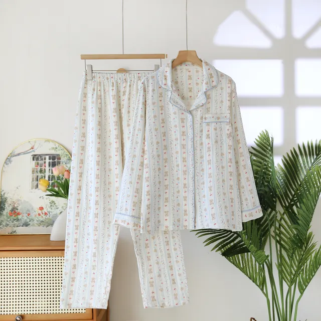 Pure Cotton Crepe Long sleeved Trousers Casual Breathable Pajamas White - Shop at LoveMi