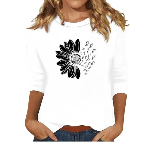 New Women's Clothing Round Neck 34 Sleeves Loose Print T-shirt - 0066 Style-Xxl