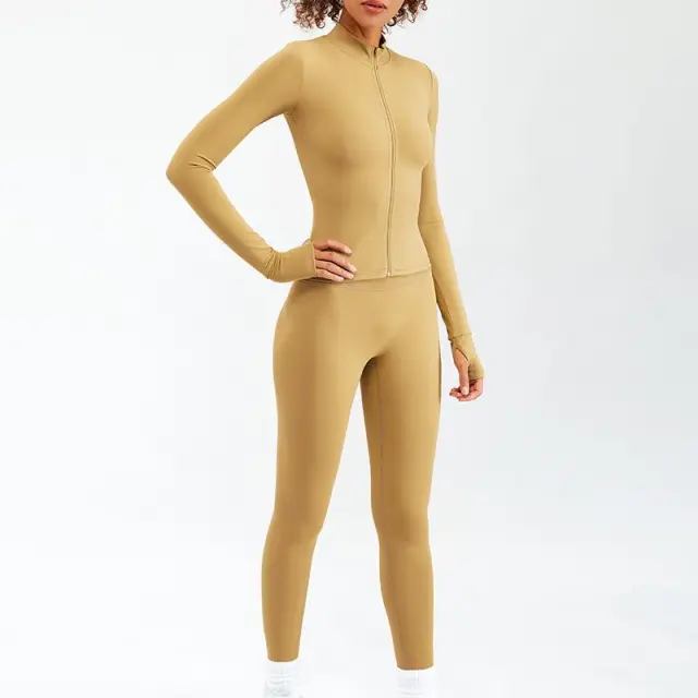 Nude Feel Yoga Long sleeve Zipper Workout Clothes Suit Long Sleeve Trousers Yellow - Shop at LoveMi