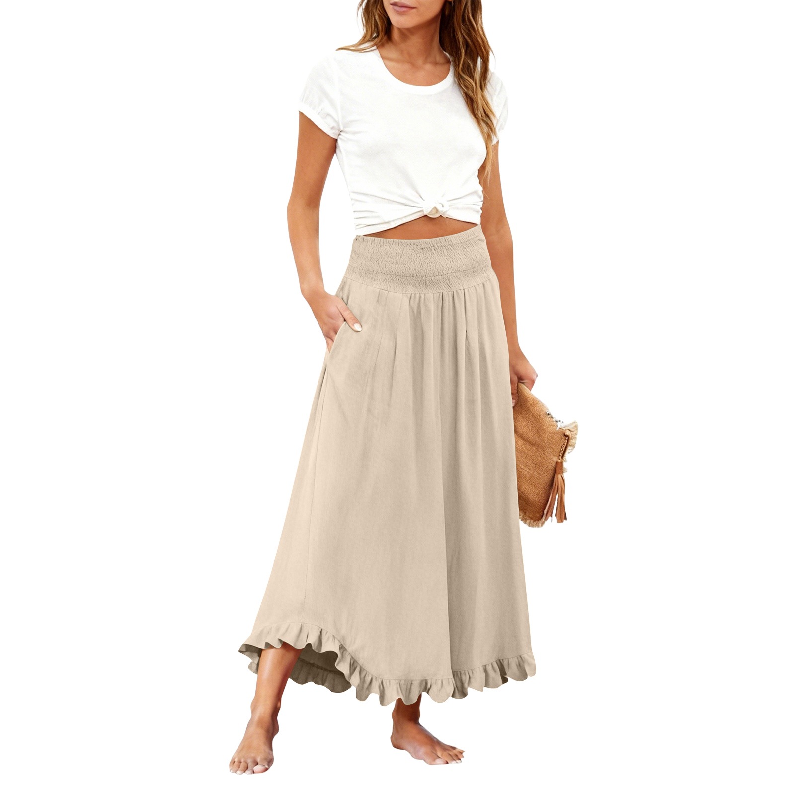High-waisted Elastic-waist Long Skirt With Ruffled Hem