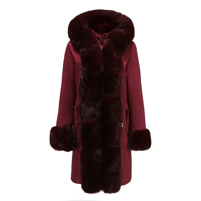 Women's Cotton padded Coat Detachable Fur Collar Mid length Long Sleeve Parka Wine - Shop at LoveMi