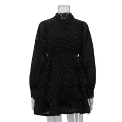 Fashionable Black A-line Dress With Diamond Embellishments, Lapel Collar, Long Sleeves, And High Waist - Black - View 1