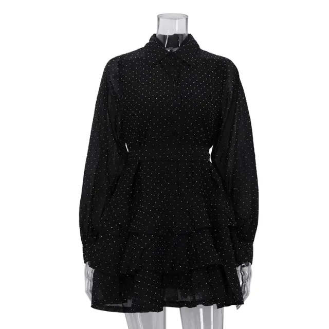 Fashionable Black A line Dress With Diamond Embellishments, Lapel Collar, Long Sleeves, And High Waist Black - Shop at LoveMi