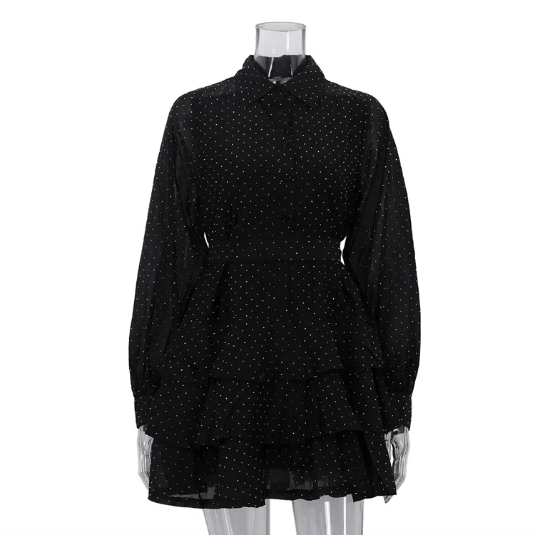 Fashionable Black A-line Dress With Diamond Embellishments, Lapel Collar, Long Sleeves, And High Waist - Black