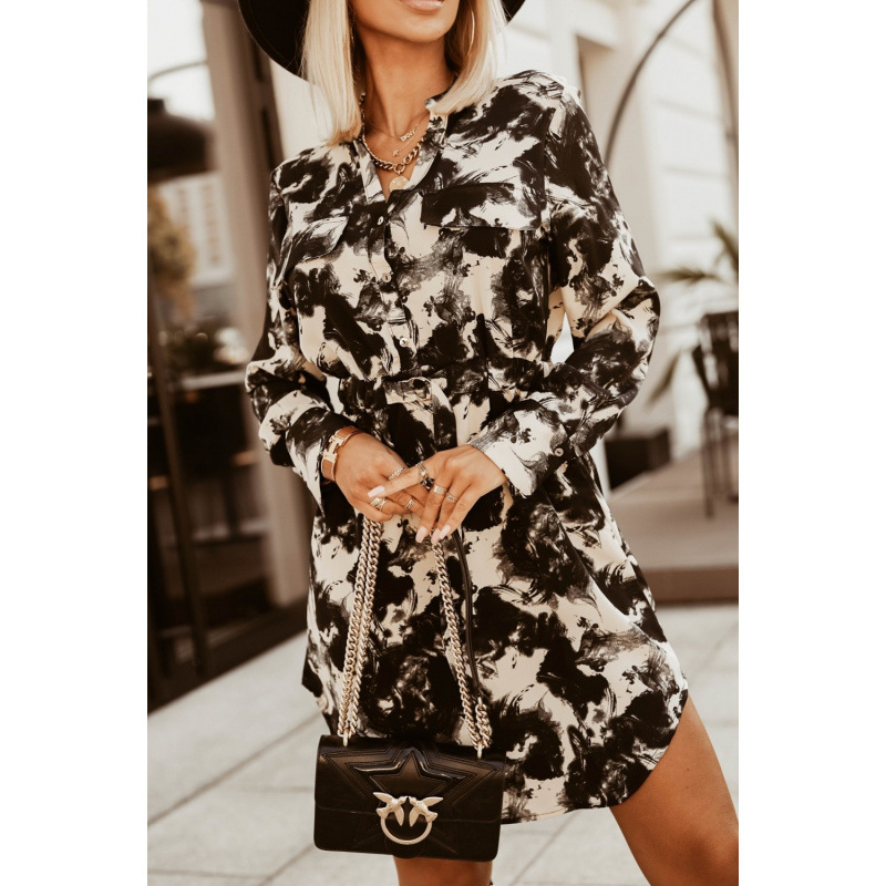 Autumn And Winter New Fashion Waist controlled Tied Long Sleeves Printed Shirt Dress Black Apricot Flower - Shop at LoveMi