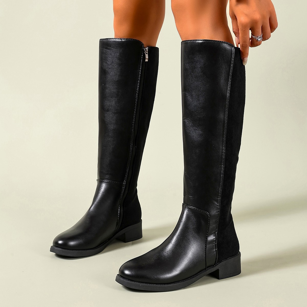 Genuine Leather Low Heel Zipper Knee High Boots Vintage Martin Boots With Round Toe For Autumn Daily Wear