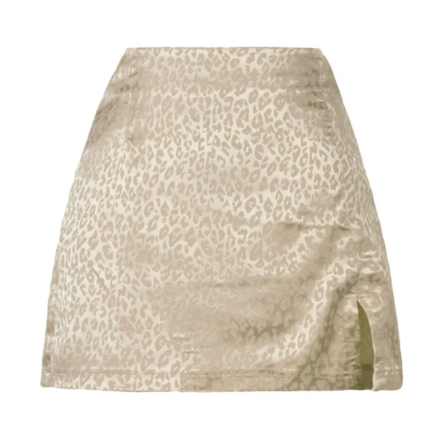 Women's Leopard Print High Waist Slit Short Skirt Jacquard Beige - Shop at LoveMi