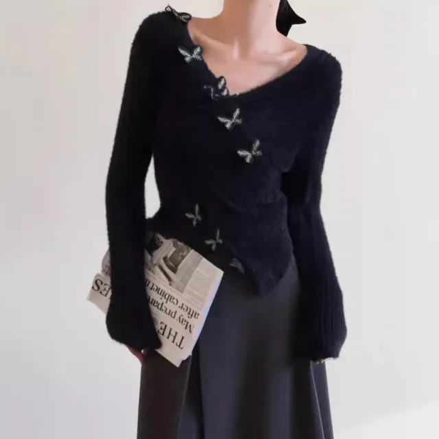 Three dimensional Butterfly Furry V neck Sweater Black - Shop at LoveMi
