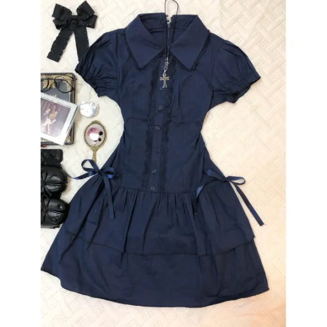 Lace trimmed Blue Vintage Shirt Dress Short Skirt Navy Blue - Shop at LoveMi