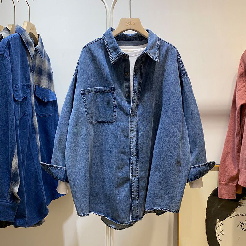 Spring And Autumn Vintage Hong Kong Style Blue Denim Shirt