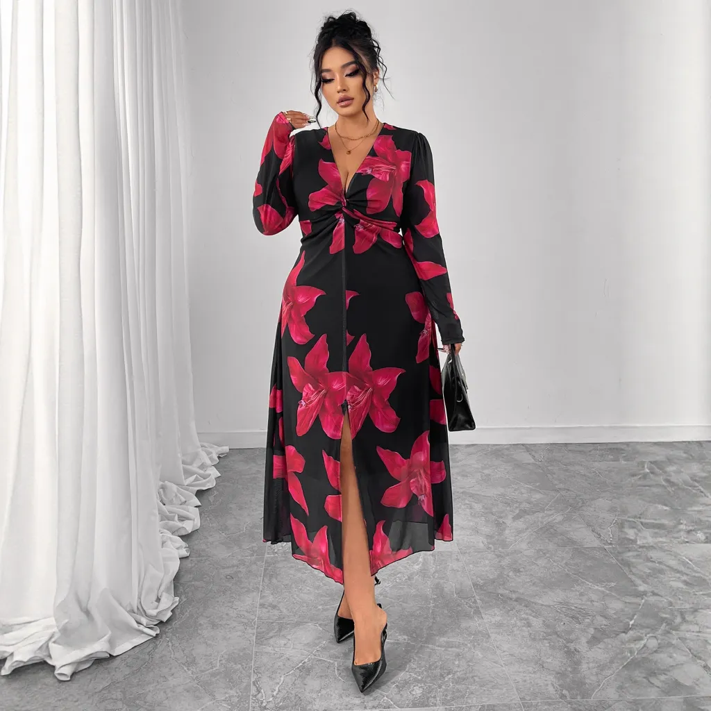 Floral High-end Waist-cinching Slimming Dress - Black
